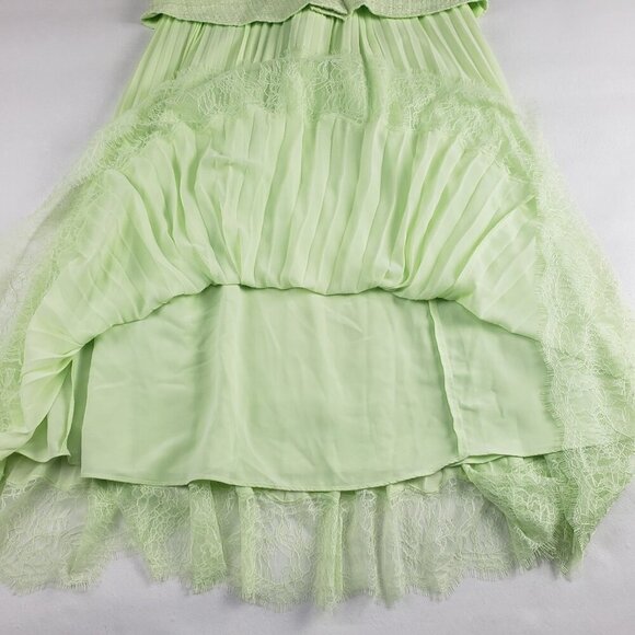 Self Portrait Boucle Chiffon Pleated Midi Dress Womens 6 Lime Tweed Belted NEW - Picture 13 of 16